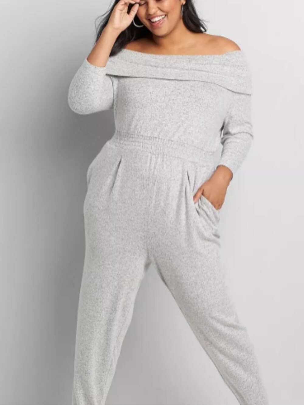 Lane Bryant Off-the-Shoulder Soft Touch Jumpsuit - Light Gray Size 18/20